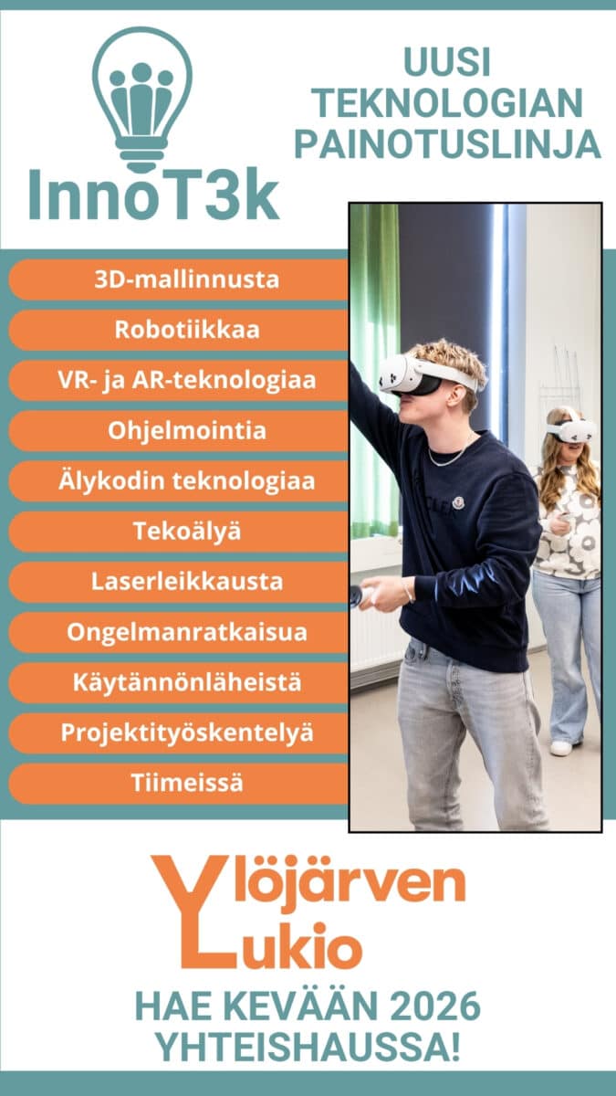 InnoT3k-linjan mainos, jossa luetellaan mitä InnoT3k-linjalla voi opiskella. Kuvassa henkilö VR-lasit päässään.